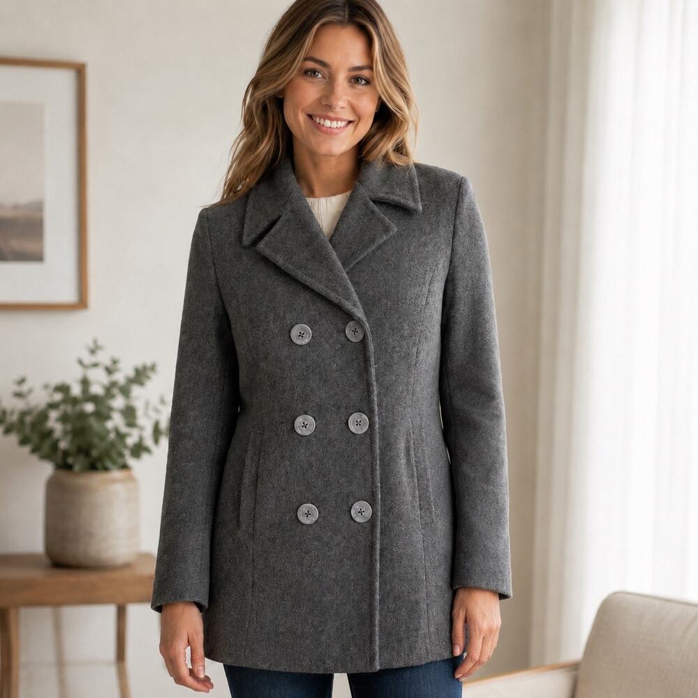 Centigrade Women’s Medium Gray 100% Wool Double Breasted Peacoat Jacket